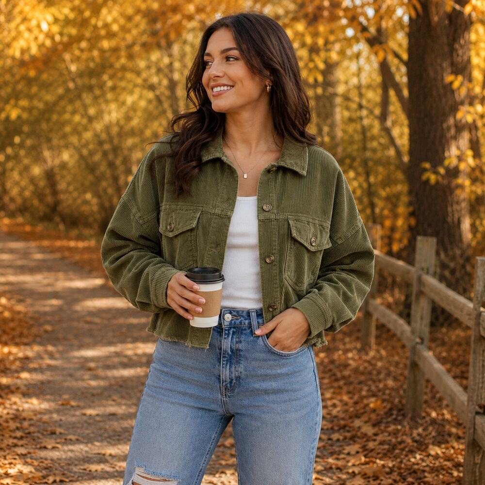 American Eagle Corduroy Shacket Raw Hem Olive XL 90’s Utility Normcore